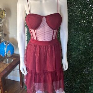 Sheer Burgundy Mesh Bustier Chemise Slip